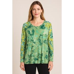 LOGO Lori Goldstein Women's 1X Green Floral Print Long Sleeve‎ Top Tunic Blouse